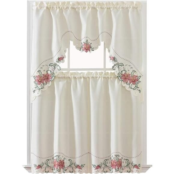 Lily Fragrance. 3pcs Multi-Color Embroidery Kitchen Cafe Curtain Set Swag - Picture 6 of 6